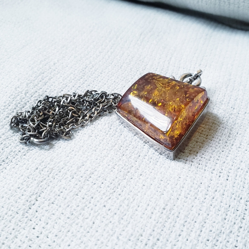 Amber and sterling pendant on sterling chain